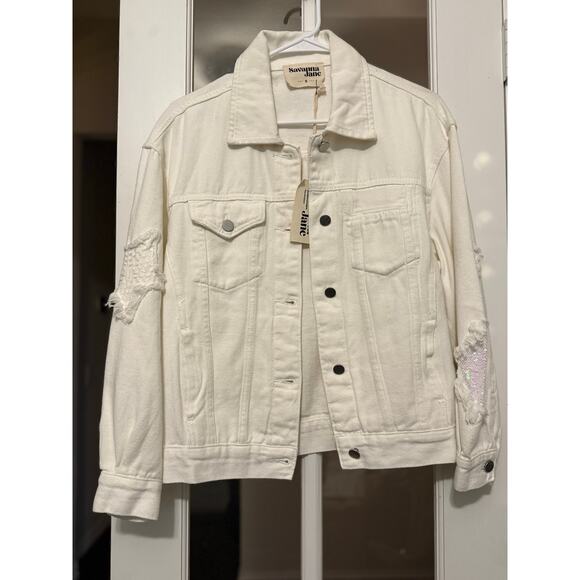 Savanna Jane star sleeve white denim jacket NWT small - Picture 1 of 13